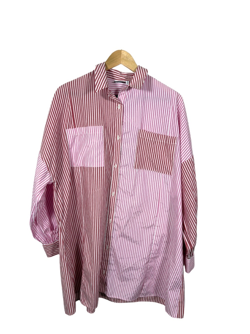 ASOS Design US 6 Pink Red Stripe Oversized Button Down Shirt Dress Colorblock